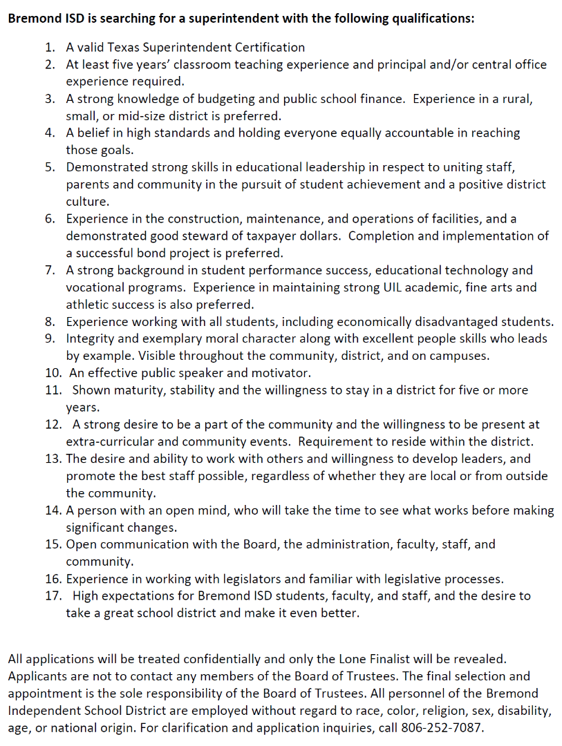 Bremond ISD Employment Opportunities